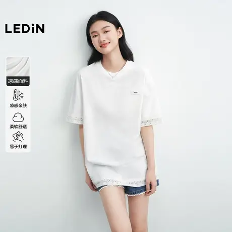 【昕怡粉丝专享】【凉感】乐町蕾丝短袖女夏上衣微阔落肩白色T恤图片