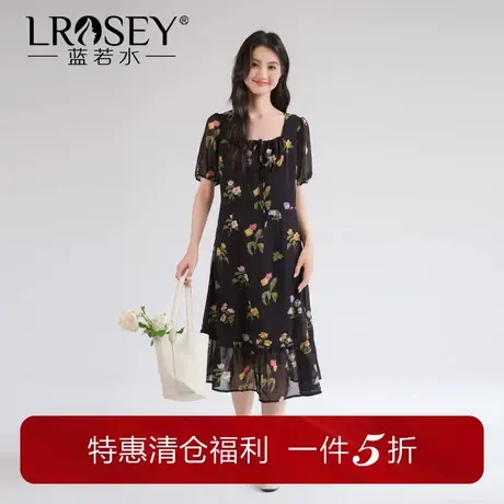 蓝若水大码女装胖mm抽绳方领碎花连衣裙夏季新品复古收腰淑女长裙图片