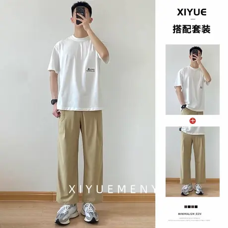 小红书爆款男士套装2025夏季新款凉感刺绣短袖T恤男直筒休闲裤子图片