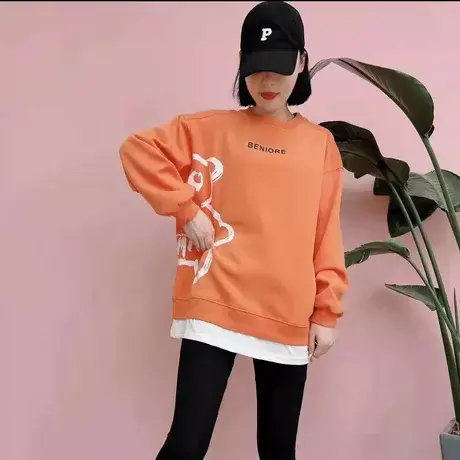 圆领假两件卫衣小个子女2023早春新款宽松时尚印花上衣外穿大版潮商品大图