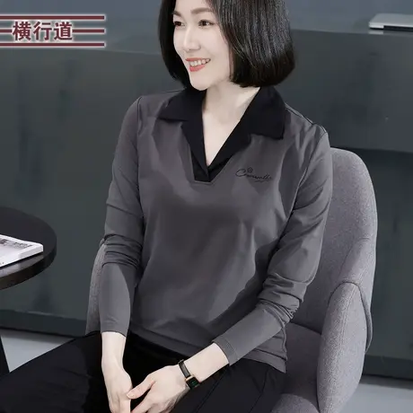 2023新款冬装翻领撞色绣花宽松长袖T恤女装刺绣纯色大码体恤上衣商品大图