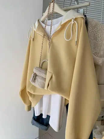 设计感小众独特别致撞色连帽卫衣外套女韩版宽松慵懒风半拉链上衣商品大图