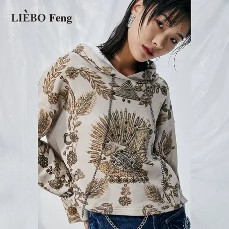 裂帛LIEBOFeng设计师品牌2023年春季简约短款刺绣连帽套头卫衣女图片
