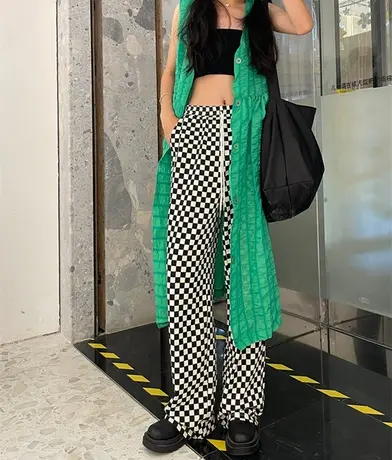 格子阔腿裤女春秋夏季薄款2023新款高腰垂感宽松直筒休闲运动裤子商品大图