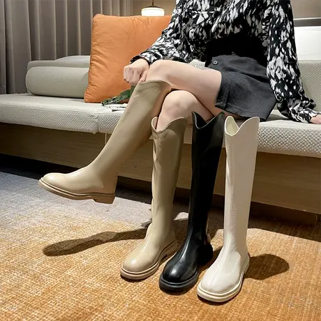 白色长靴女不过膝2023年新款秋冬厚底长筒瘦瘦靴小个子高筒骑士靴商品大图