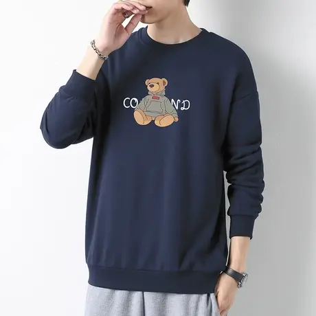 男士卫衣春秋款潮牌ins小熊印花无帽上衣加绒圆领长袖t恤宽松潮流商品大图