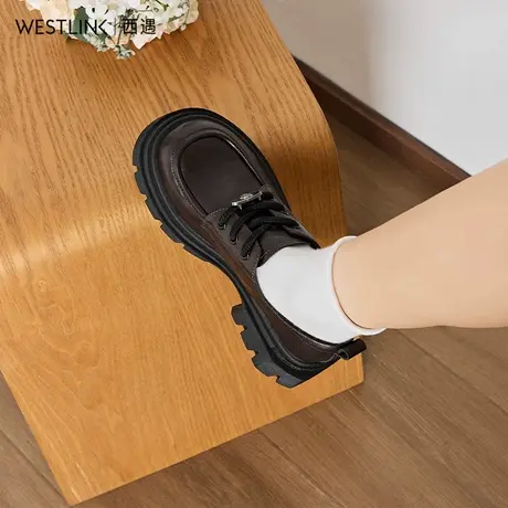 西遇厚底乐福鞋女百搭2025秋冬新款黑色系带英伦小皮鞋女真皮单鞋图片