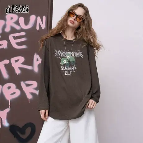 妖精的口袋复古印花长袖t恤女2025早秋新款慵懒风松弛感休闲上衣商品大图