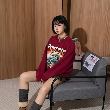 YEP美式复古卫衣女春秋2025新款印花插肩袖圆领无帽加厚上衣商品大图