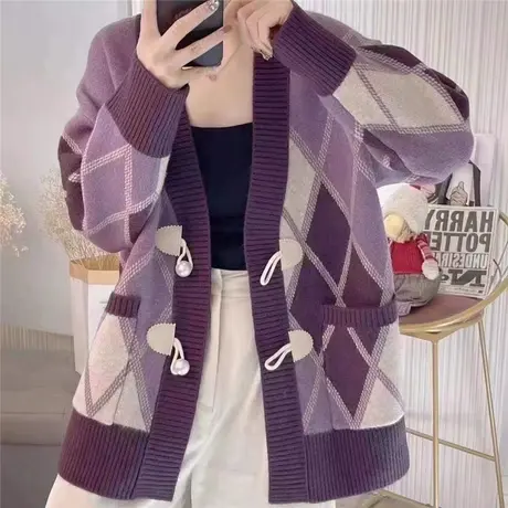 秋装新款网红爆款针织开衫女宽松慵懒复古菱格毛衣外套外搭上衣厚图片