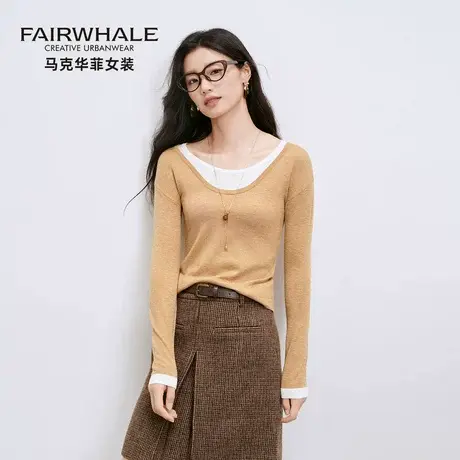 马克华菲假两件丝光针织打底衫女2025新款设计感修身混纺羊毛上衣图片