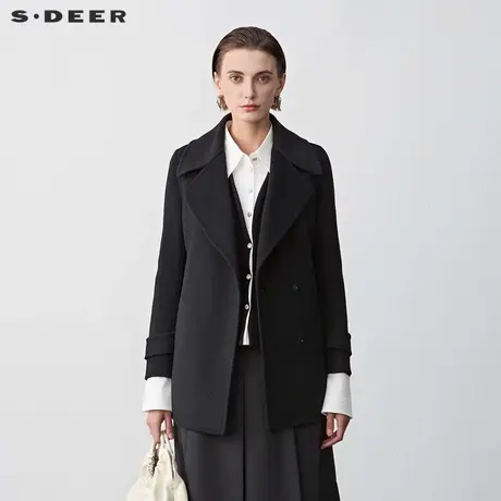sdeer圣迪奥女装时尚西装领收腰毛呢短款大衣S23482603商品大图