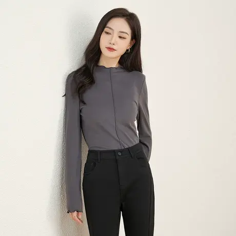 娅丽达修身百搭醋酸灰色t恤女秋2025新款女装内搭亲肤羊毛打底衫图片