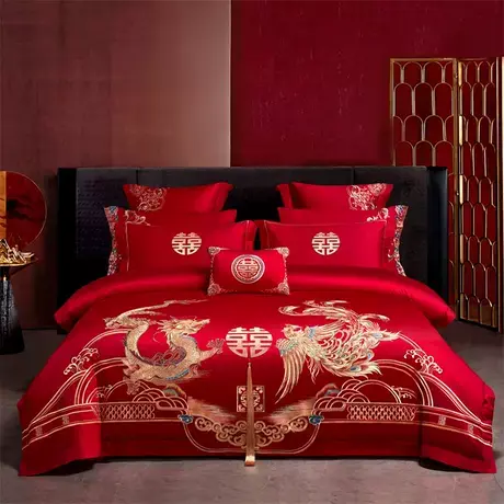 恒源祥40s长绒棉刺绣婚庆四件套纯棉红色中式喜庆结婚陪嫁件套商品大图
