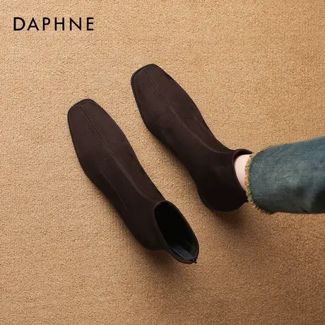 达芙妮方头绒面短靴子女2025新款爆款黑色显瘦秋冬法式加绒瘦瘦靴图片