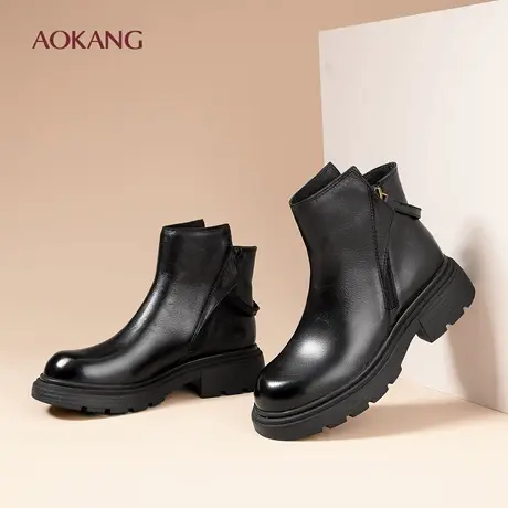 奥康 女鞋2025秋冬新款真皮软底时装靴百搭通勤粗跟短靴N图片