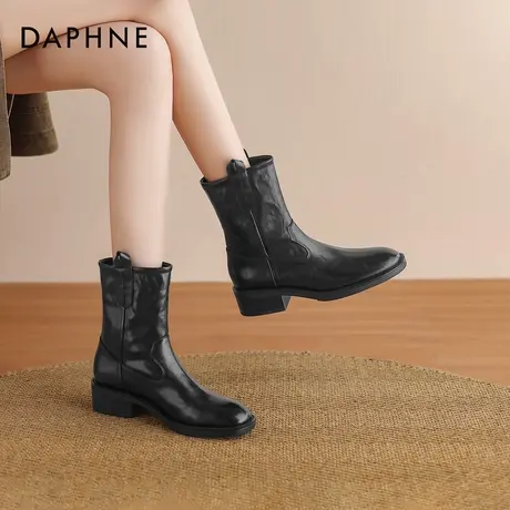 达芙妮黑色短靴2026新款冬季英伦风厚底加绒马丁靴方头粗跟瘦瘦靴商品大图
