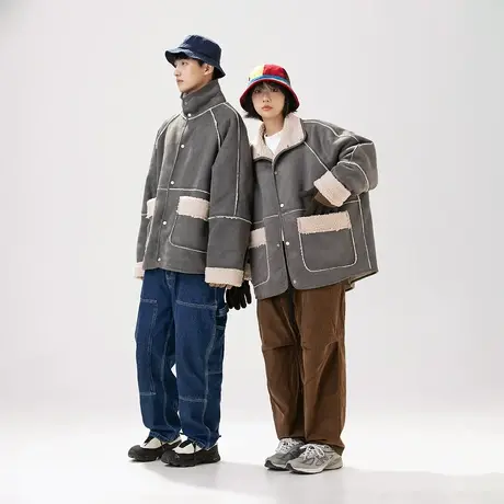 复古拼接麂皮绒棉服女冬季加厚羊羔毛外套2023新款宽松情侣装棉衣图片