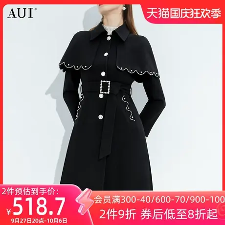 AUI黑色斗篷披肩毛呢外套女2023秋冬新款设计感气质修身呢子大衣图片