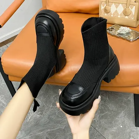 2023新款高帮袜子鞋秋季瘦瘦袜靴弹力布马丁靴英伦风短靴秋冬女鞋商品大图