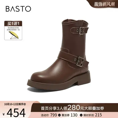 百思图23冬商场新款复古港风机车时装靴加绒粗跟女中筒靴CDD31DZ3图片