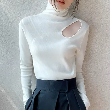 法式高领长袖针织衫女2023秋冬新品镂空设计感小众洋气减龄打底衫图片