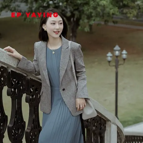 EP雅莹女装 透气亚麻格纹薄款通勤戗驳领西装外套 商场同款1146A商品大图
