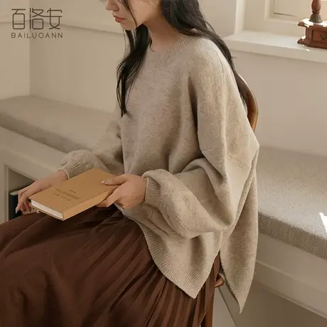 百洛安大码宽松休闲套头毛衣女秋冬款气质百搭圆领长袖套头针织衫图片