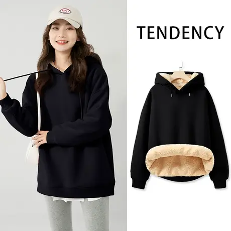 ZR真维斯卫衣女新款2023爆款冬季加绒加厚宽松羊羔绒连帽上衣外套图片