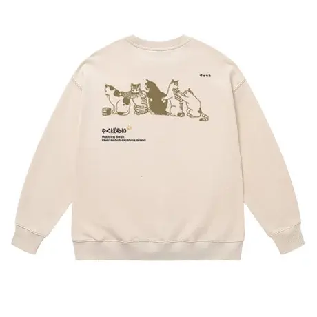 日系趣味卡通猫咪加绒圆领卫衣男嘻哈卡通小众设计感慵懒宽松上衣商品大图