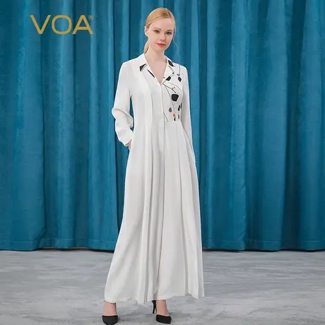 VOA重磅真丝30姆米奶白翻领立体不对称OL商女宽松桑蚕丝连体长裤图片