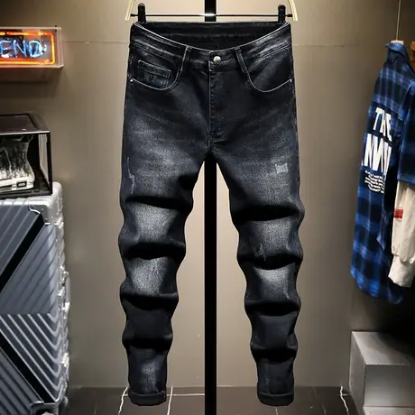 秋季新款潮牌欧品弹力男裤子男士修身小直筒黑色牛仔裤男韩版潮流商品大图