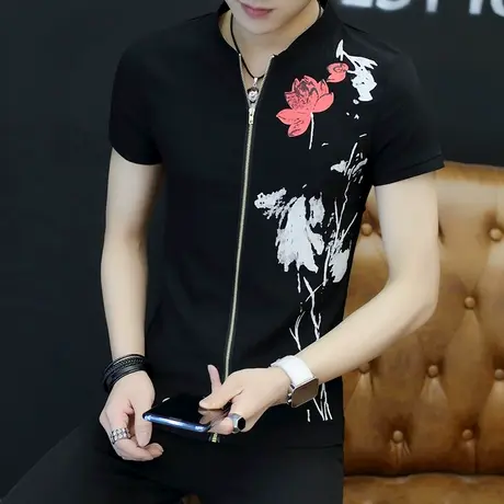 韩版夏季夜店个性男装修身型帅气上衣半袖男开衫体恤潮流短袖T恤图片
