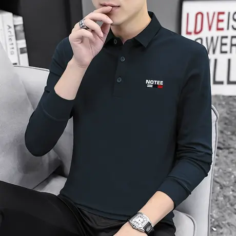丝光珠地棉polo衫男长袖带领翻领t恤保罗潮流字母印花打底衫秋衣图片