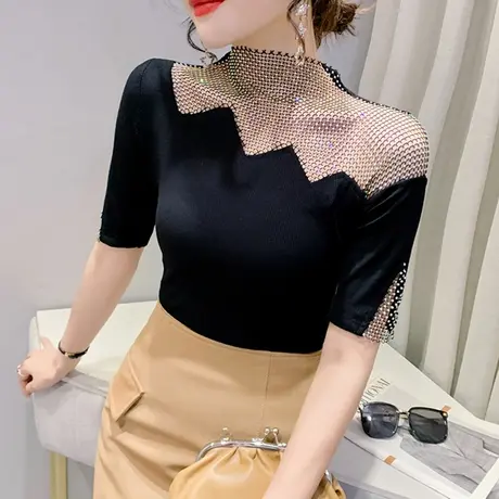 性感T恤女短袖2023夏季新款设计感镂空上衣紧身百搭小衫烫钻体恤商品大图