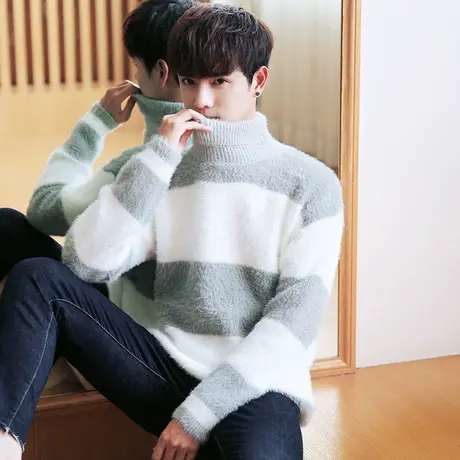 冬季潮流百搭半高领毛衣男宽松加厚套头毛绒打底衫韩版青年保暖商品大图
