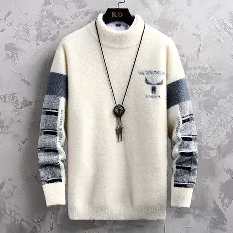 秋冬季水貂绒毛衣男士羊绒衫半高领冬装针织衫加绒加厚保暖上衣服商品大图