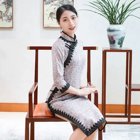 筠雅改良旗袍2022年春季新款女士长袖复古时尚盘扣斜襟中式女装图片