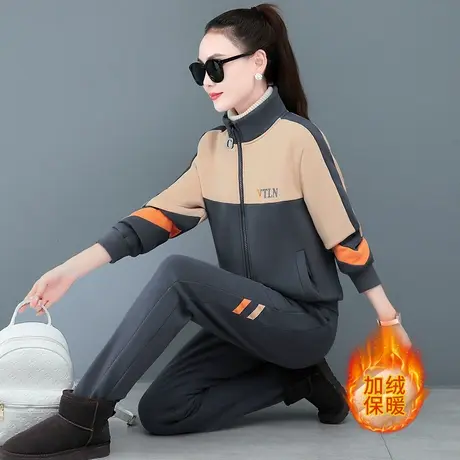 加绒加厚休闲运动服套装女秋冬洋气中年妈妈羊羔绒立领卫衣两件套图片
