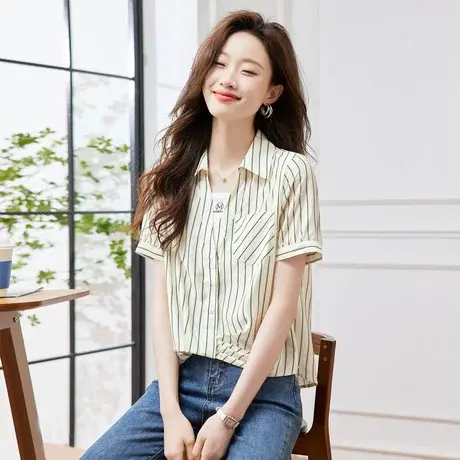 时尚气质条纹短袖衬衫2023年夏季新款淑女温柔翻领显瘦通勤上衣商品大图