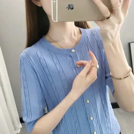 低圆领麻花纽扣冰丝短袖女小清新纯色短款半袖打底衫上衣薄款夏季商品大图