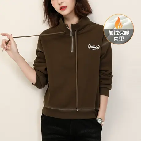 新品8.5折】复古立领刺绣套头加绒卫衣女冬季新款宽松百搭上衣图片