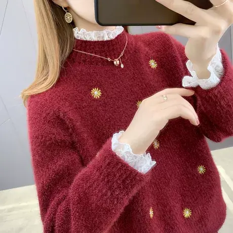 加绒加厚雪尼尔毛衣女2023年新款宽松外穿秋冬半高领打底衫软糯系商品大图