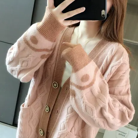 麻花针织开衫女士春秋季2024新款慵懒风毛衣外套宽松洋气秋冬外搭商品大图