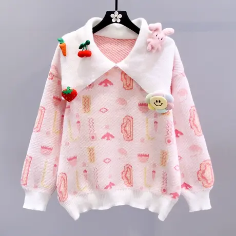 日系卡通玩偶娃娃领毛衣女冬季2023新款宽松学院风外穿针织衫上衣商品大图