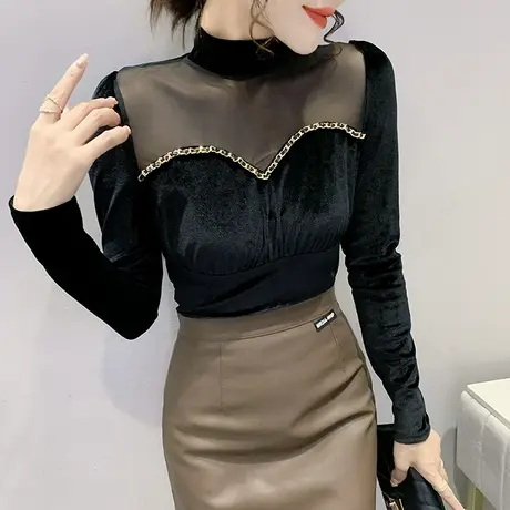 时尚金丝绒上衣时尚气质半高领打底衫女春装性感网纱拼接长袖T恤商品大图