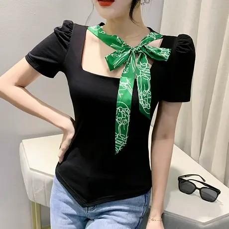 2024夏装新款设计感蝴蝶结系带T恤女短袖洋气方领上衣修身小衫潮商品大图