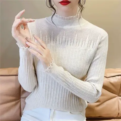 毛衣女款2023新款性感蕾丝半高领设计镂空打底衫洋气上衣时尚洋气商品大图
