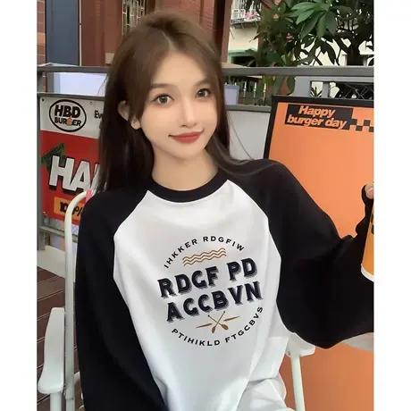 黑白撞色宽松插肩t恤女2023新款多巴胺穿搭印花长袖oversize上衣图片