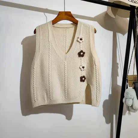 麻花纹针织马甲女春秋新款v领叠穿立体花朵开叉毛衣背心坎肩外穿商品大图